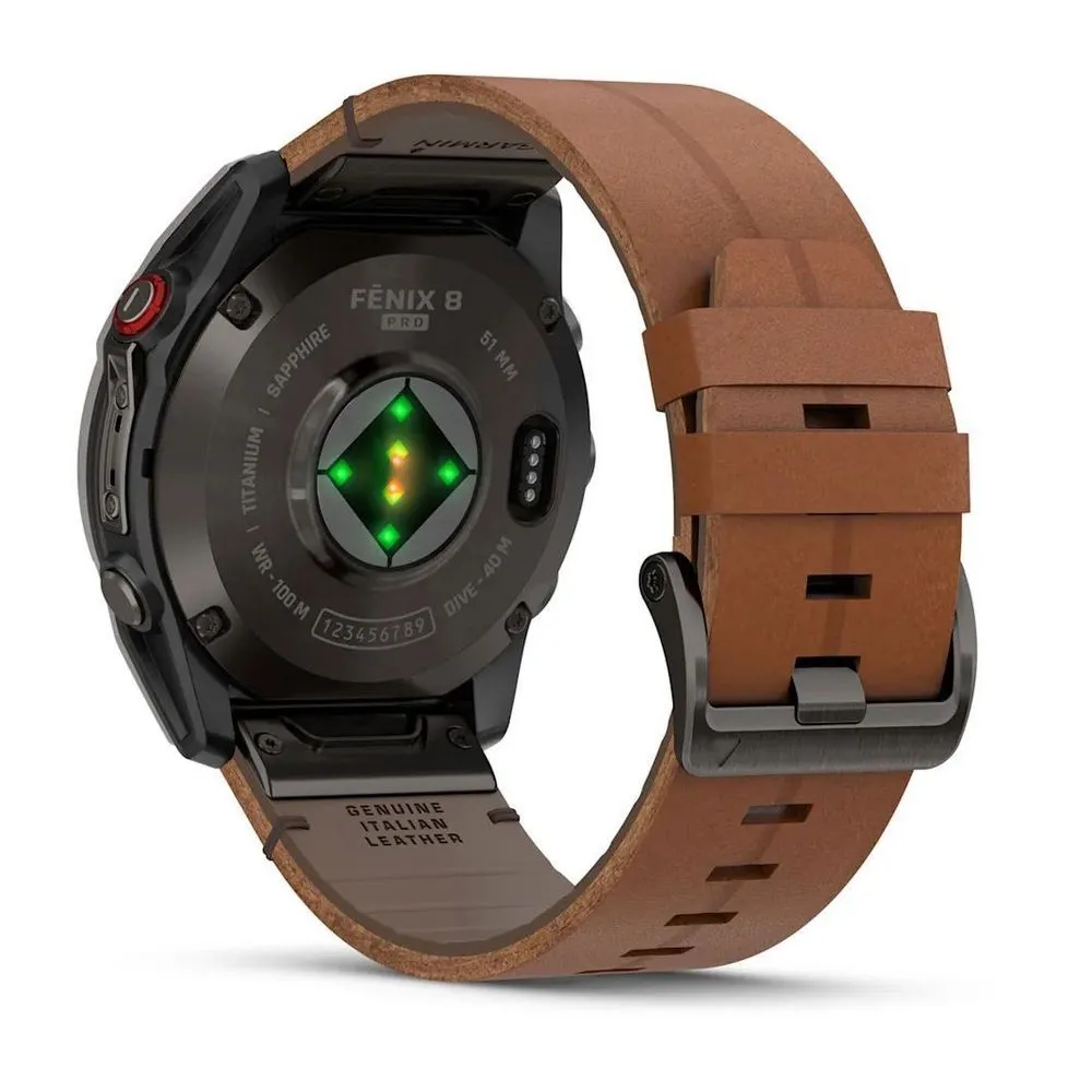 Часы Garmin Fenix 8 Pro - 51 mm AMOLED Sapphire Carbon Gray DLC Titanium / Chestnut Leather Band